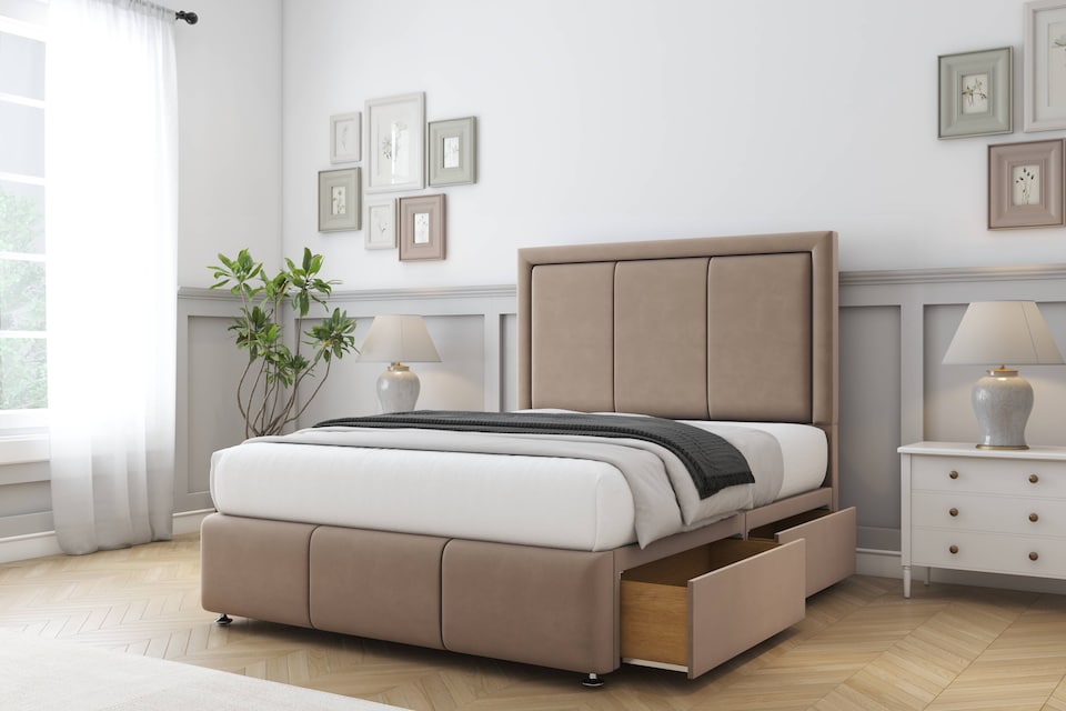 image 1 of Sloomy Lancaster Mink Plush Divan Bed Base 2 Drawers Left Side With 54 Inch Floor Standing Headboard & 12 Inch Matching Footboard | Brown | Mink | King | 1