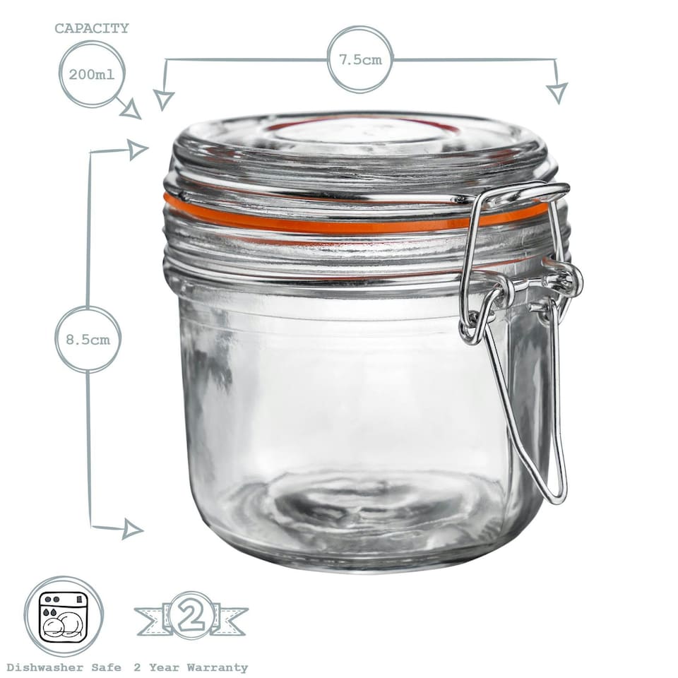 image 1 of Argon Tableware Glass Storage Jars - 200ml - Pack of 3 - Airtight Metal Clip Lid Storange Container Preserving Jar