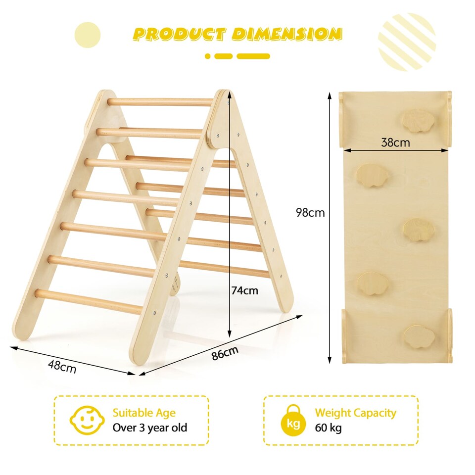 image 1 of COSTWAY 2-in-1 Triangle Climbing Set Wooden Toddler Climbing Triangle Ladder with Ramp