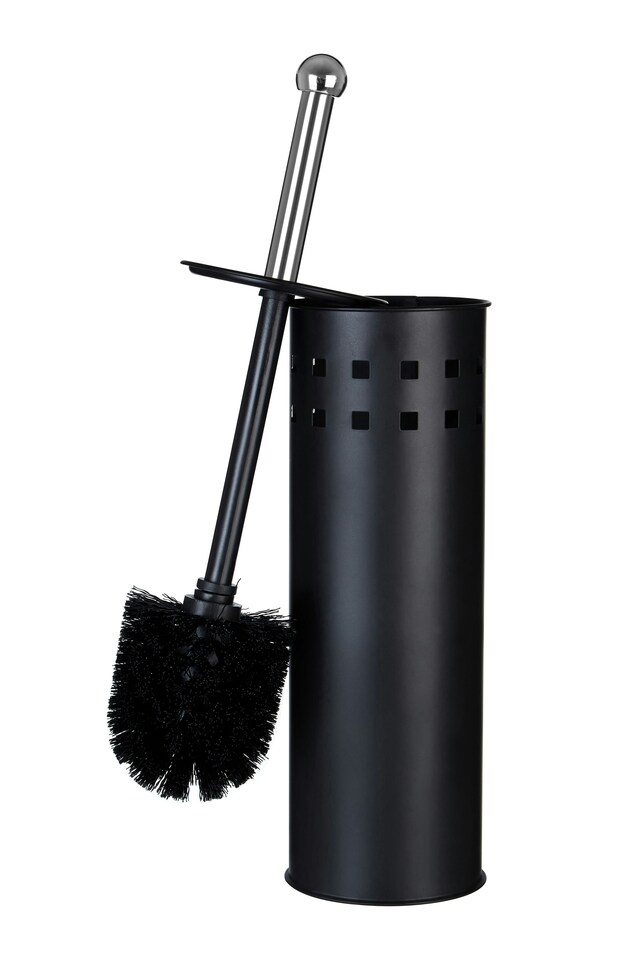 image 1 of Orsina Matt Black Square Design Toilet Brush Holder, Lavatory Brush Set With Silver Handle, Loo Brush With Holder