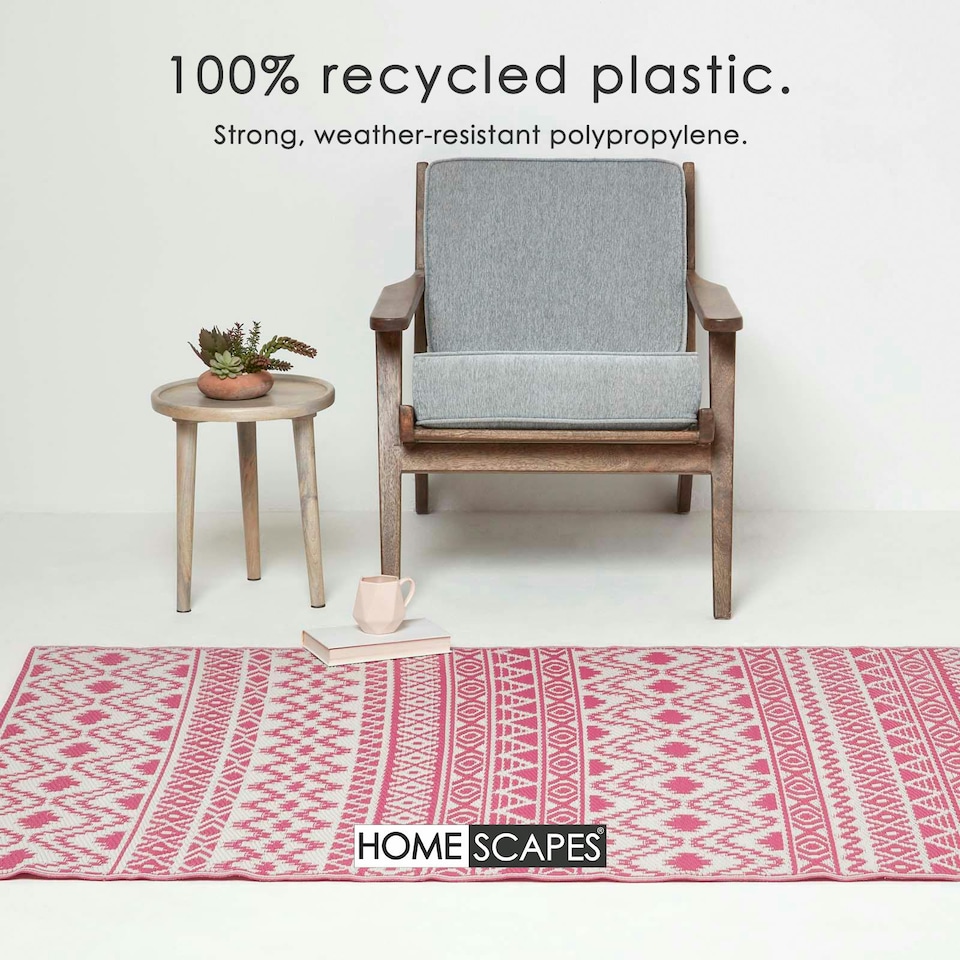 image 1 of Homescapes Outdoor Rug Luxury Waterproof Reversible Recycled, For Garden, Tia Aztec | Pink | Pink and White