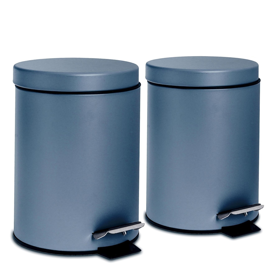 image 1 of Harbour Housewares 2x Bathroom Pedal Bins - 3L - Matt Blue - Round Stainless Steel Slim Rubbish Dustbin Lid and Inner Liner Bucket