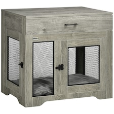 PawHut Modern Pet Crate End Table w/ Double Doors, Drawer, for Medium Dogs