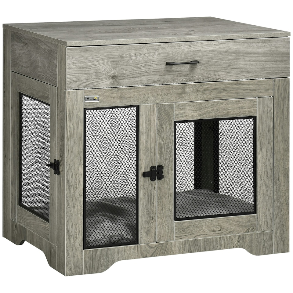 image 1 of PawHut Modern Pet Crate End Table w/ Double Doors, Drawer, for Medium Dogs
