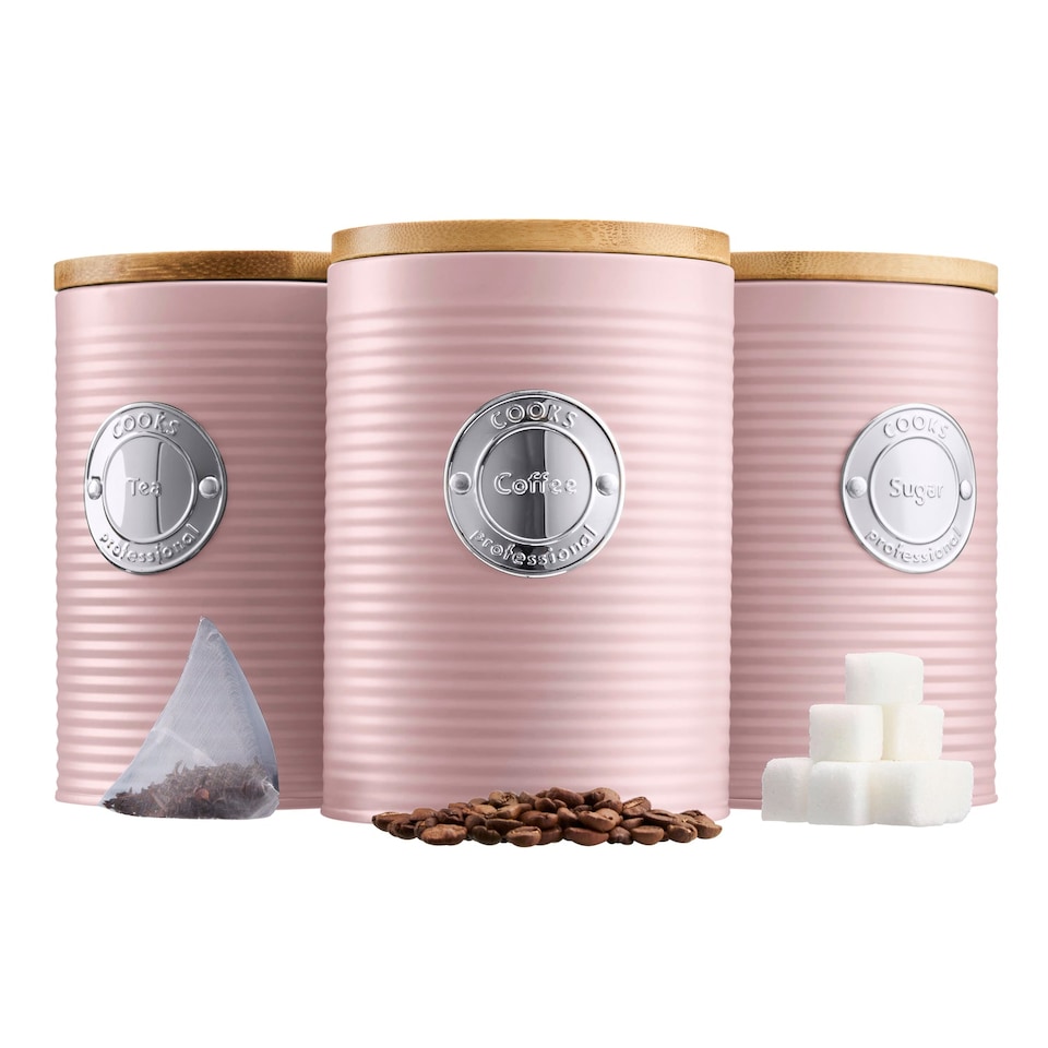 image 1 of Cooks Professional 5 Piece Ribbed Tea Coffee Sugar Bread & Biscuit Cannisters with Labels | Pink | Pink & Silver