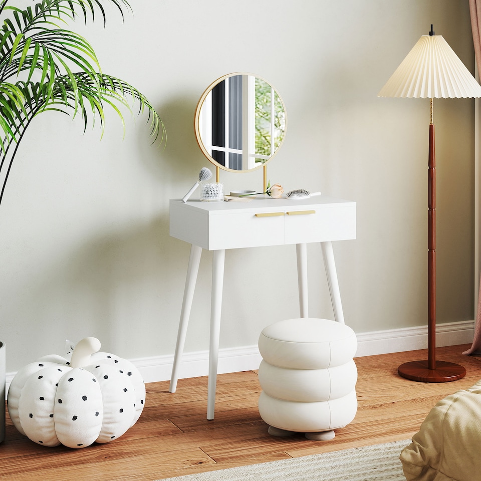 image 1 of HOMCOM Modern Dressing Table with Round Mirror, Makeup Vanity Table with 2 Drawers for Bedroom, Living Room, 60 x 40 x 123 cm, White | White | White