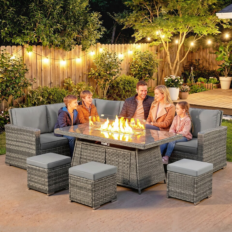 image 1 of Outsunny 7 Pieces Rattan Garden Furniture Set w/ 50,000 BTU Fire Pit Table | Grey | Grey