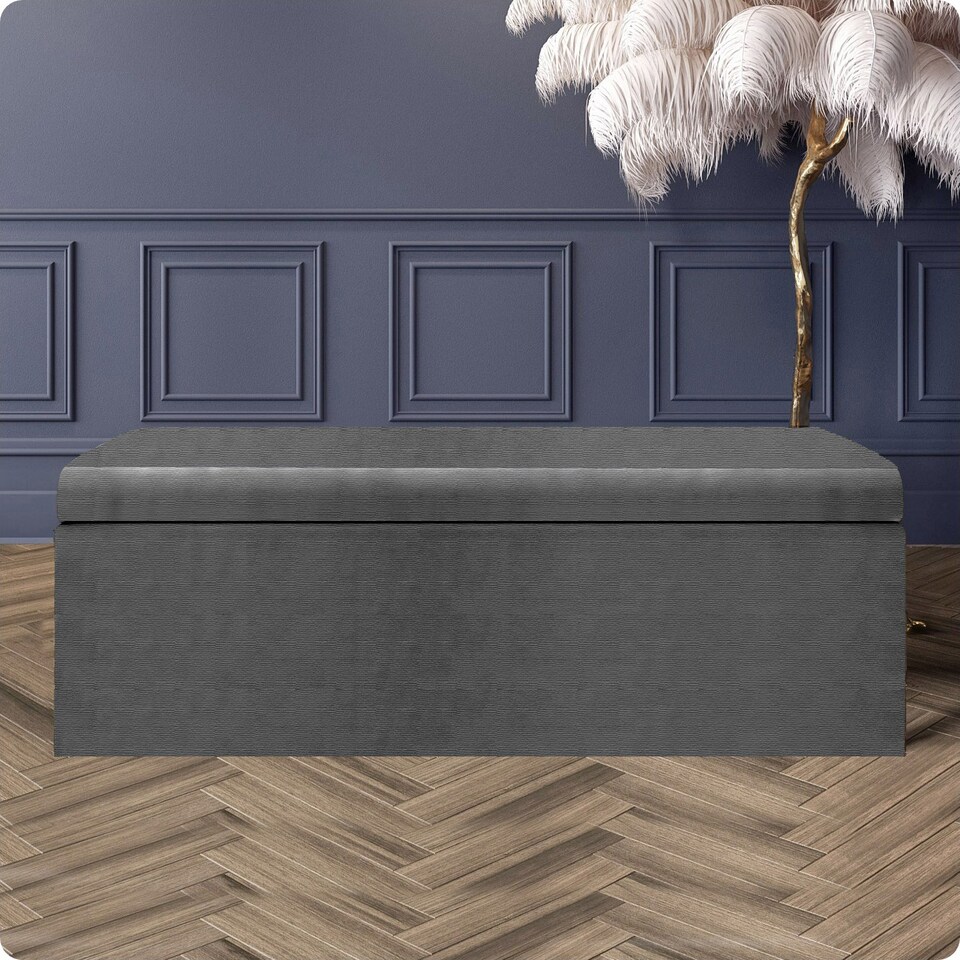 image 1 of 90cm Large Plain Safar Storage Ottoman Box, Dark Grey Naples Upholstered Deep Storage Ottoman End of Bed Bench
