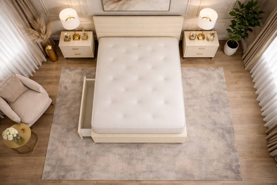 image 1 of Divan Bed Set Headboard and Footboard with Mattress 4ft Small Double Cream Suede Storage 2 Drawers Left Side Laying in Bed