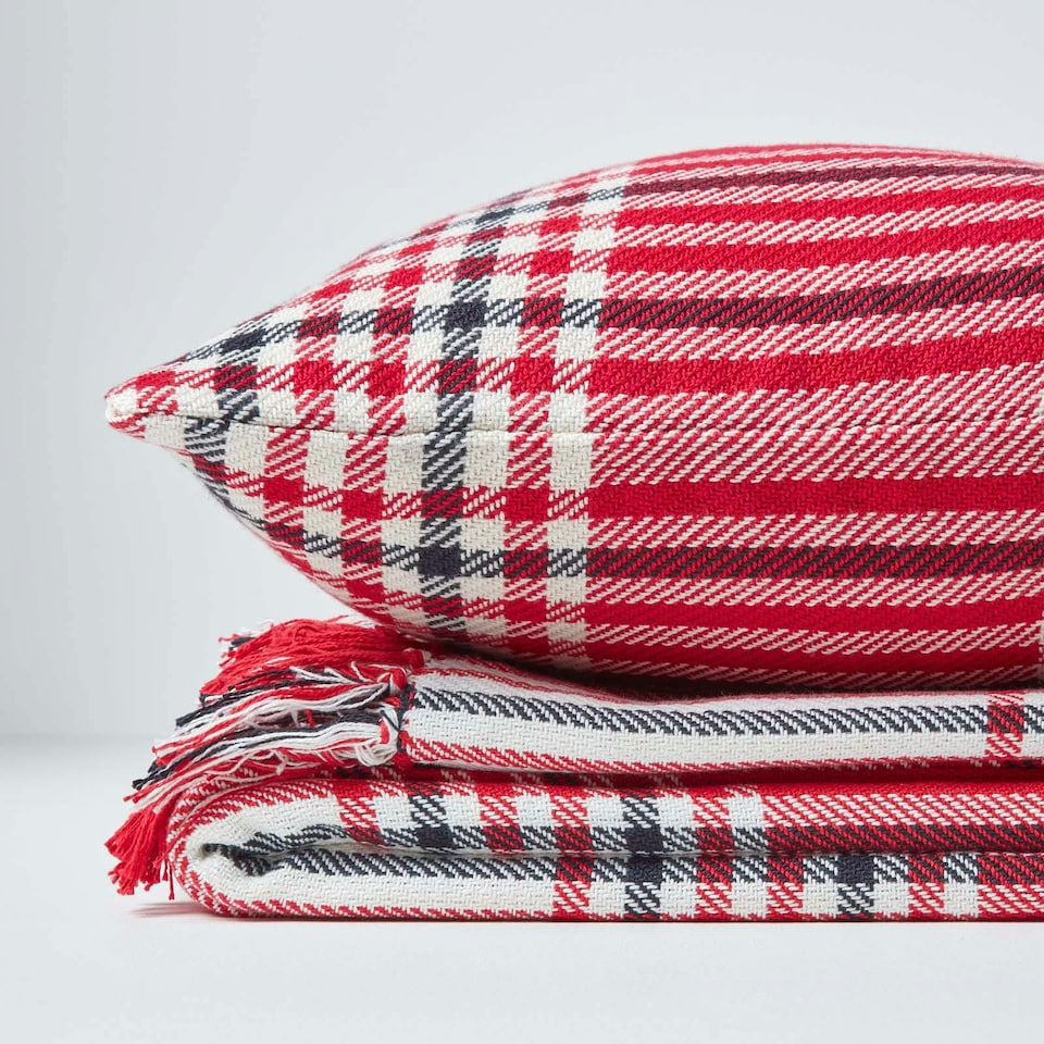 image 1 of Homescapes Red Tartan Pattern Cushion Cover - 45 x 45 cm | Red | Red | 45 x 45 cm
