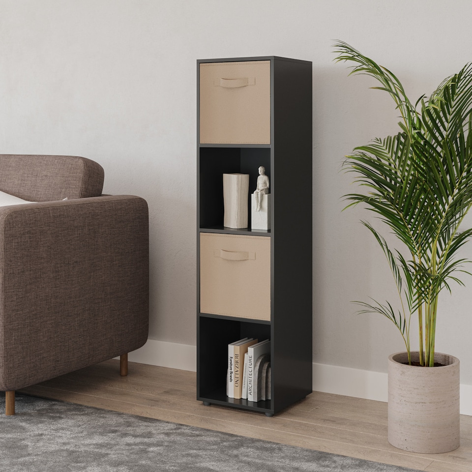 image 1 of 4 -Cube Tall Shelving Unit With Non Woven Inserts | Black | Black & Beige | 1