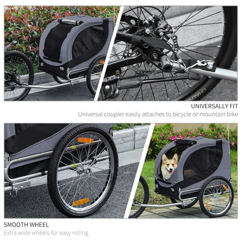 image 1 of PawHut Pet Bicycle Trailer Steel Dog Bike Carrier Water Resistant Travel Grey
