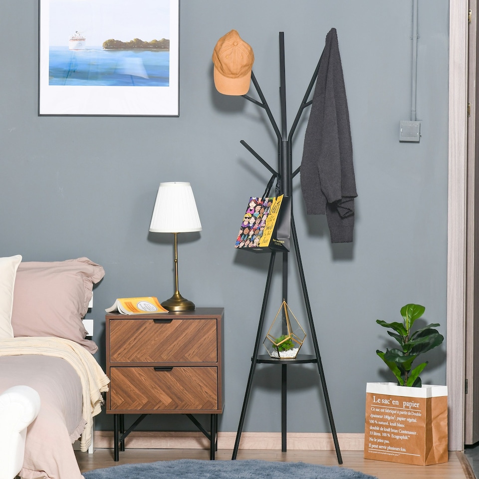 image 1 of HOMCOM 180cm Free Standing Coat Rack Metal Shelf Holder Stand Hat Hanger Black
