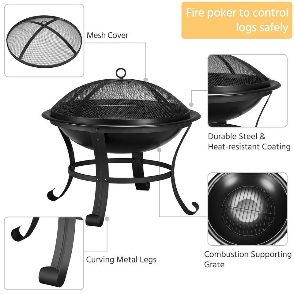 image 1 of Yaheetech Outdoor Fire Pit with Mesh Screen Cover Fire Poker Black