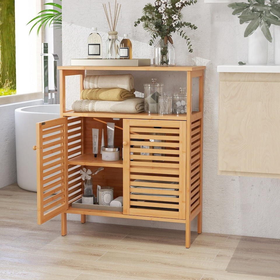 image 1 of COSTWAY Bamboo Side Storage Organizer Bathroom Floor Cabinet