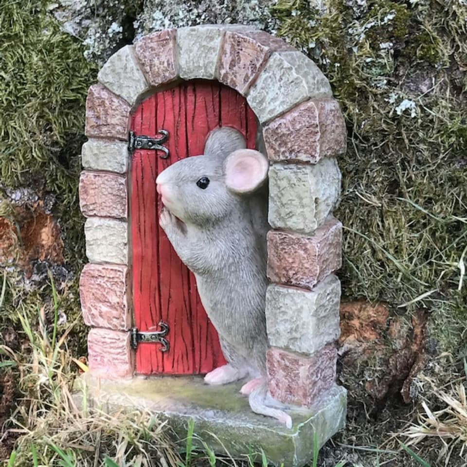 image 1 of Mouse In Doorway Fairy Garden Ornament, Red Door