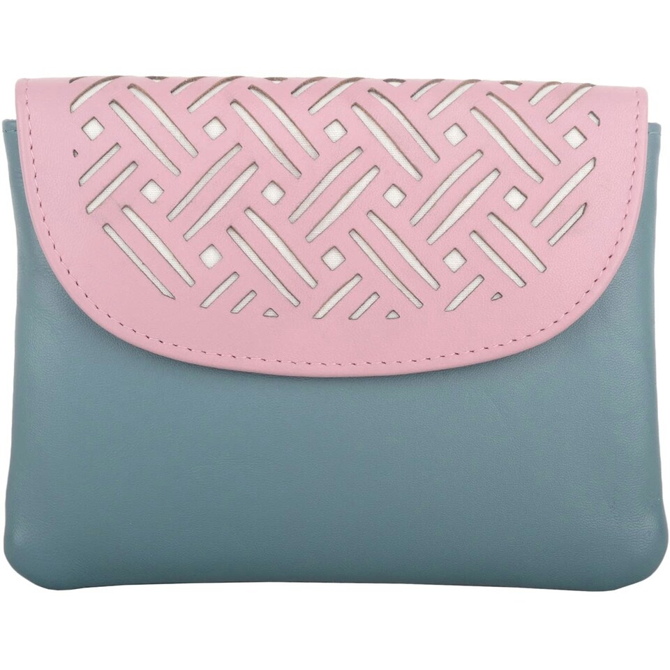 image 1 of Laser Cut Genuine Leather Credit Card Money Holder Wallet Purse Blue | Teal/Blush