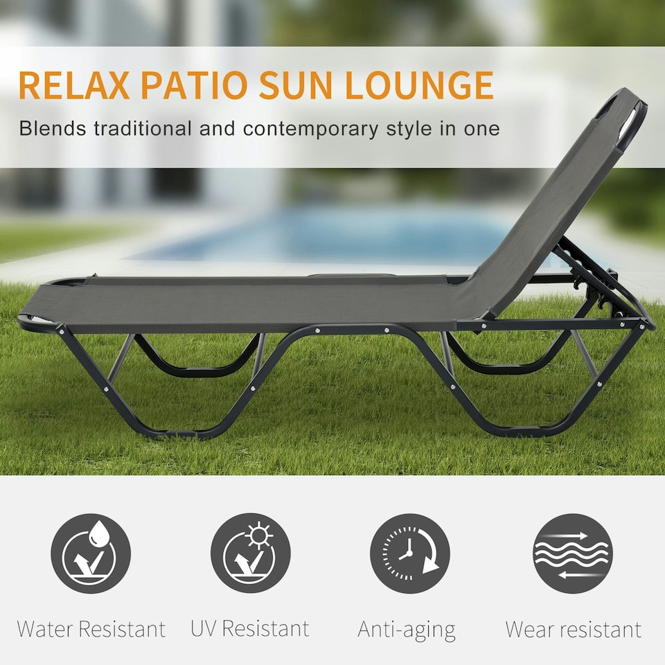 image 1 of Outsunny Sun Lounger Relaxer Recliner with 5-Position Adjustable Backrest Grey