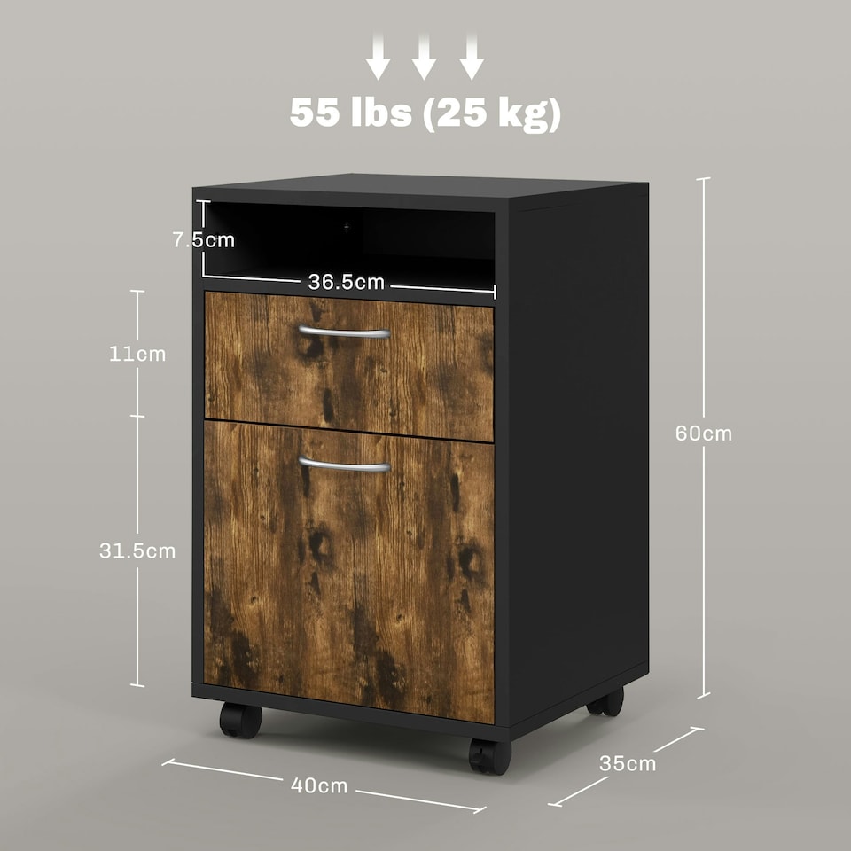 image 1 of HOMCOM 60cm Filing Cabinet with Drawers and Open Shelf, Rustic Brown