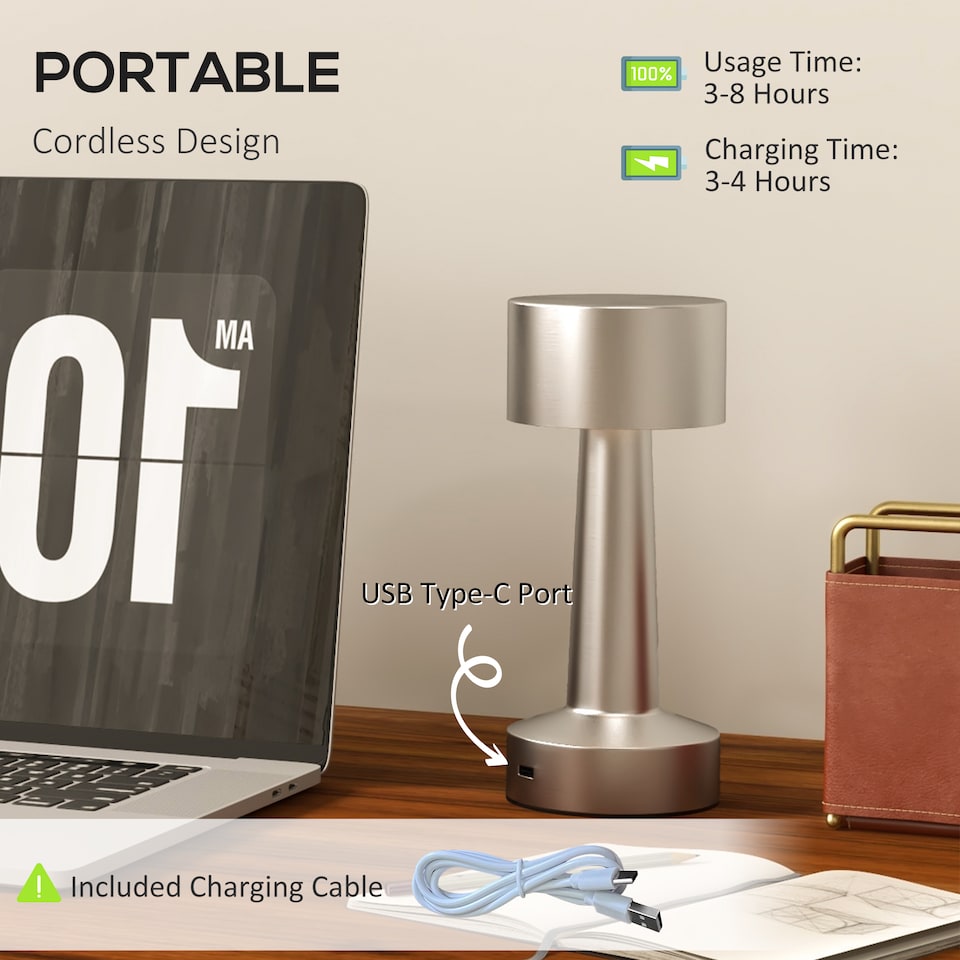 image 1 of HOMCOM Cordless Table Lamp with 2600mAh Rechargeable Battery, 3 Colour, Touch LED Lamp for Bedroom Living Room, Silver