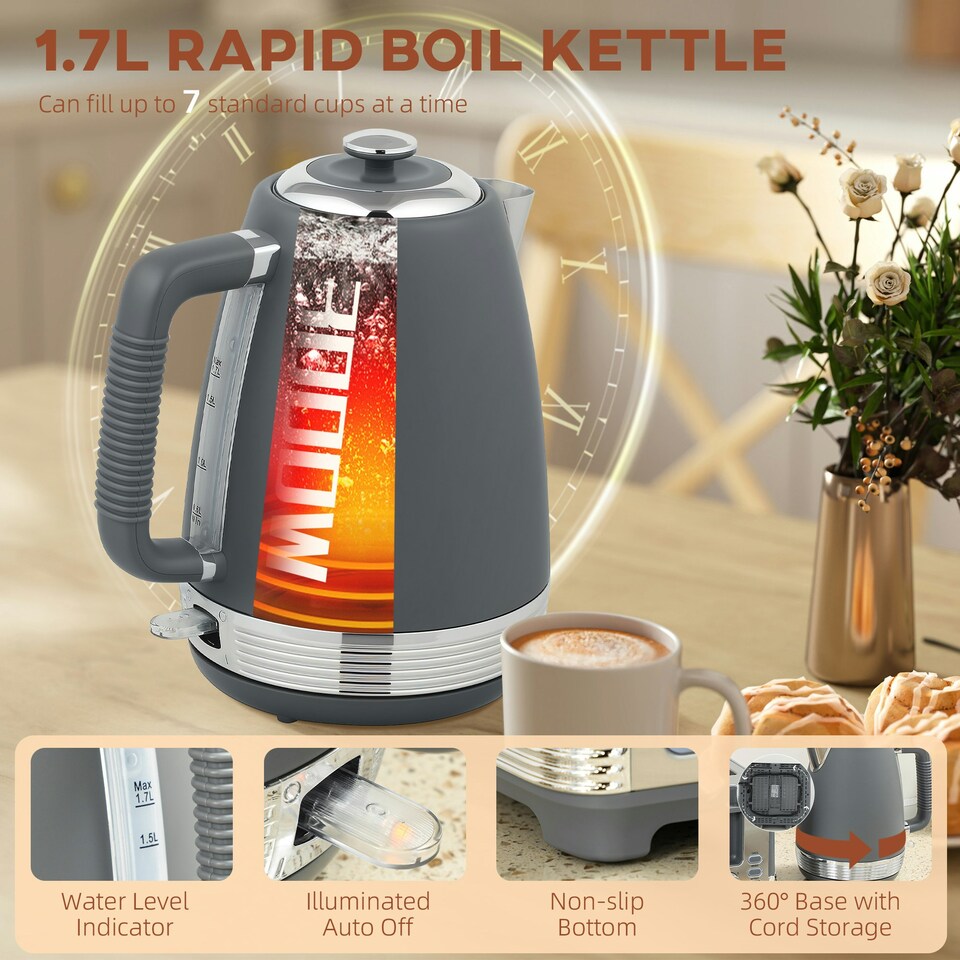 image 1 of HOMCOM 1.7L 3000W Quick Boil Kettle and 4 Slice Toaster Set Crumb Tray Grey