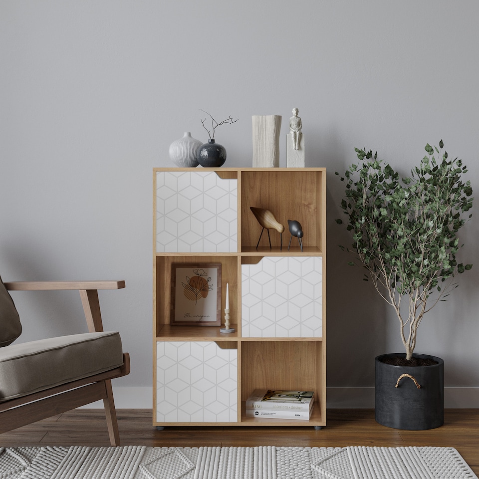 image 1 of 6-Cube Shelving Unit With Geo Doors | Brown | Oak & White | 1
