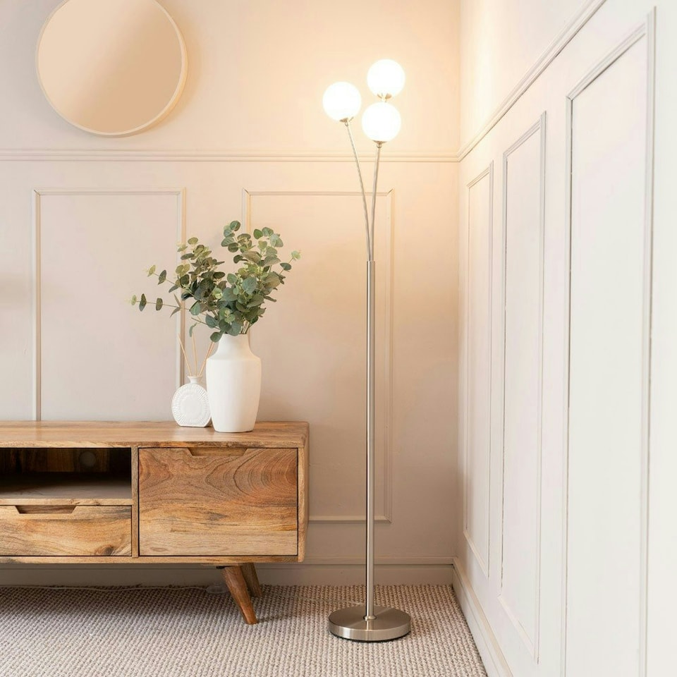 image 1 of ValueLights Velika Chrome 3 Arm Opaque Globe Floor Lamp Light with LED Bulbs