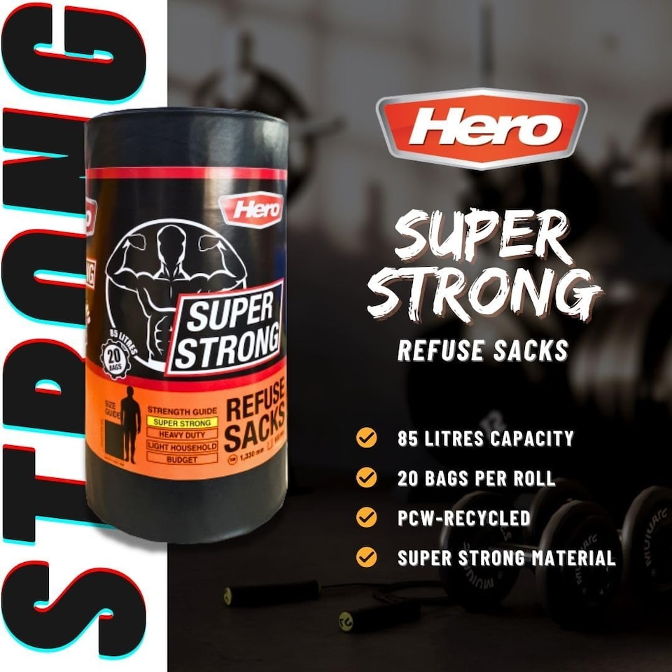 image 1 of Hero 85L Heavy Duty Bin Bag Liners – Pack of 20 Extra Large Black Refuse Sacks | Strong Leak Resistant & Tear Resistant Bin Bags