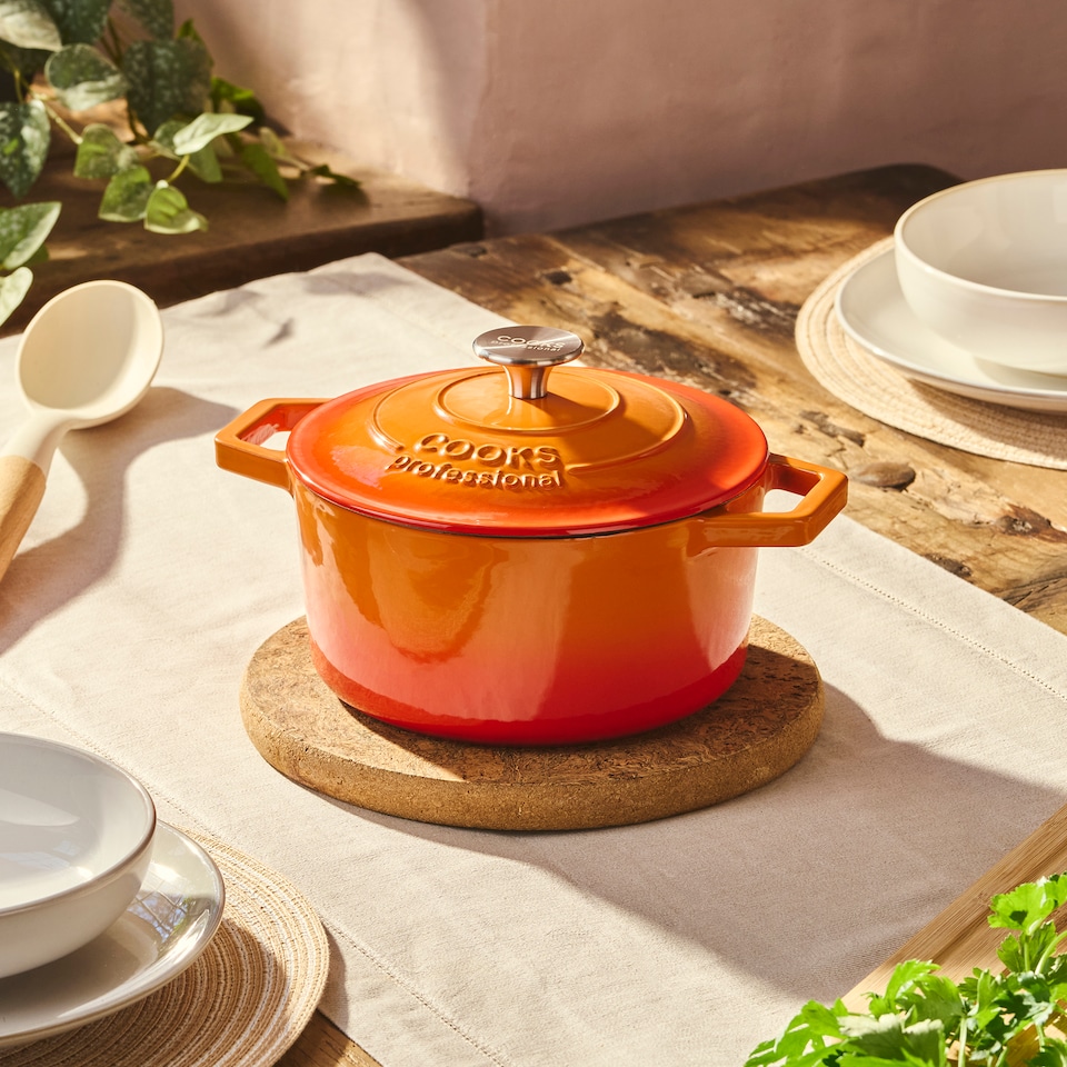 image 1 of Cooks professional Cast Iron Casserole Dish 20cm - Ovenproof Pan with Lid | Orange | Orange