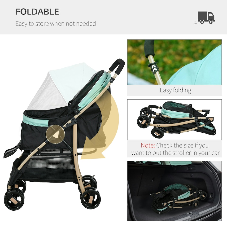 image 1 of PawHut Pet Stroller for XS and S Dogs w/ Rain Cover - Green