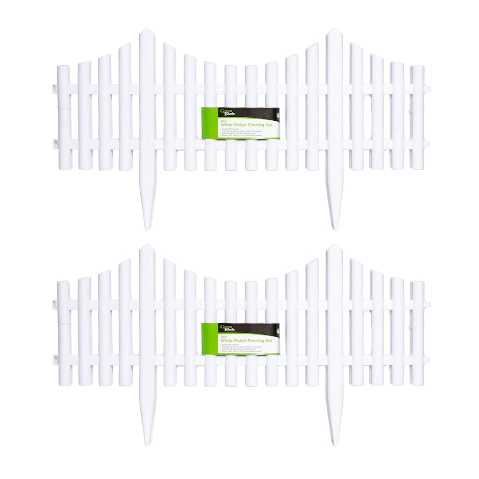 image 1 of 2 x 33cm 4 Piece Set White Wood Effect Picket Fence Garden Edging | White | White | 2