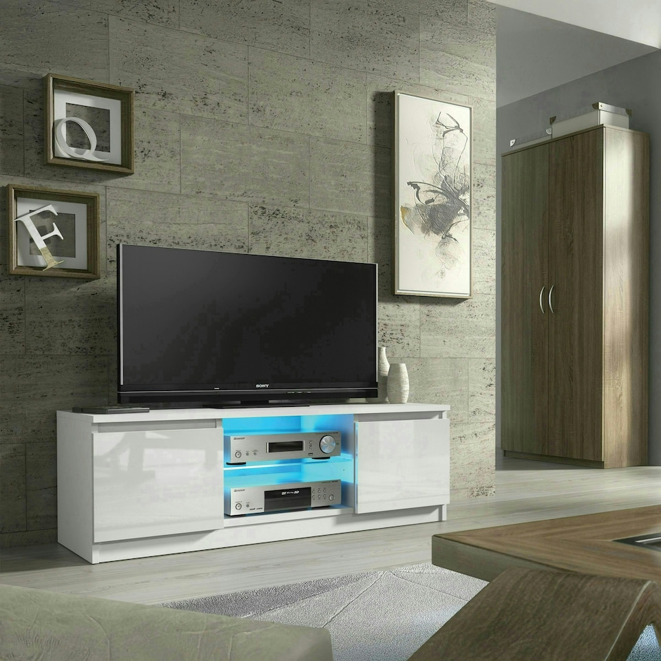image 1 of TV Unit 120cm White Gloss Doors White Matt Body Glass Shelf Free LED | White | One Size | 1
