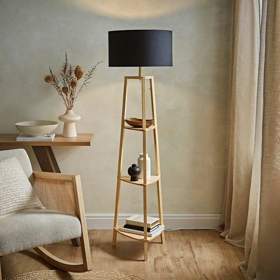 image 1 of ValueLights Hiru Wooden 3 Tier Shelf Floor Lamp Black Shade Black