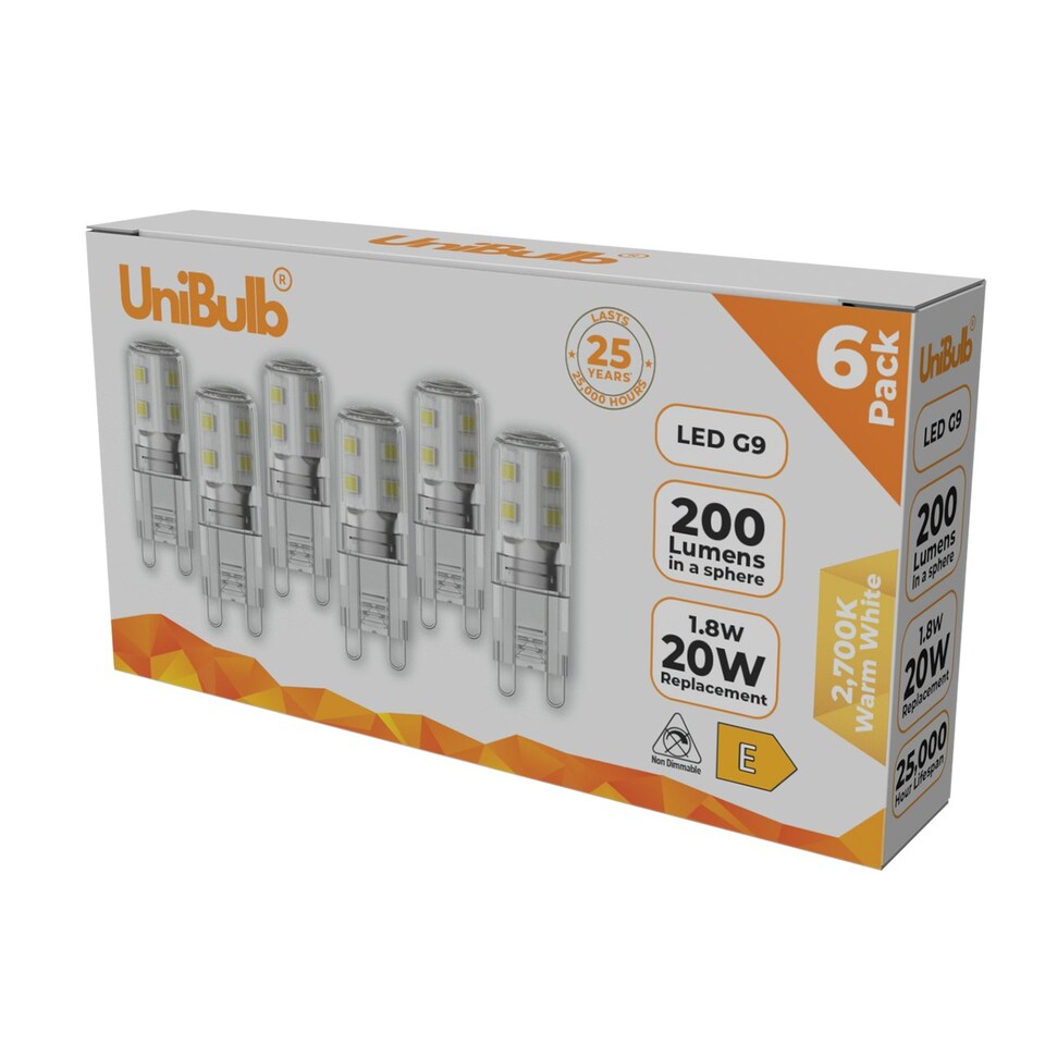 image 1 of UniBulb LED G9 200lm 1.8W 2700K (Warm White) Light Bulb - Pack of 6