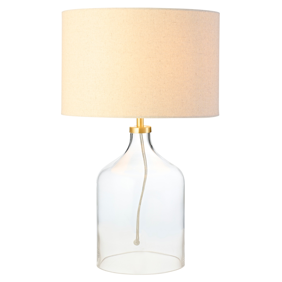 image 1 of Contemporary Elegant Table Lamp with Clear Glass Base and Oatmeal Linen Shade | Clear