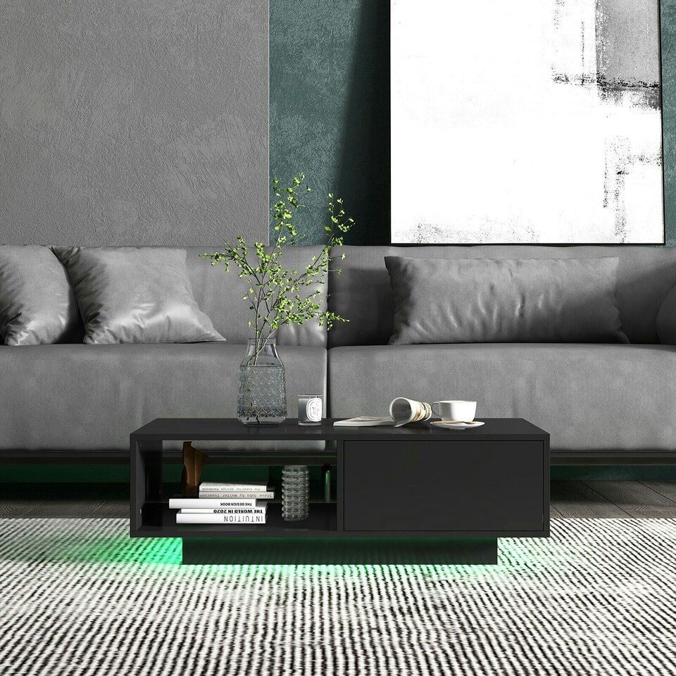 image 1 of COSTWAY Coffee Table w/LED Lights Rectangle Table Black