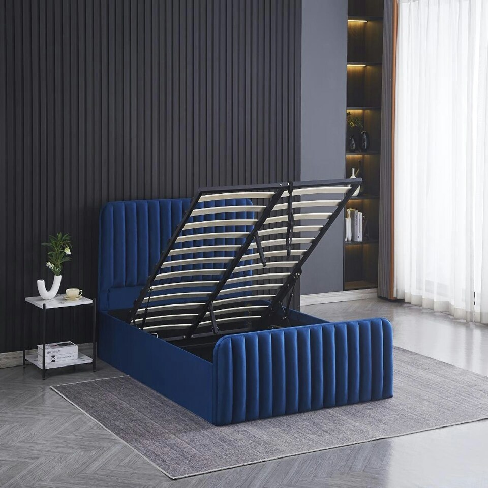 image 1 of Ottoman Storage Bed blue 4ft Double velvet bed gas lift up Storage Bed and 1 Mattress bedroom furniture