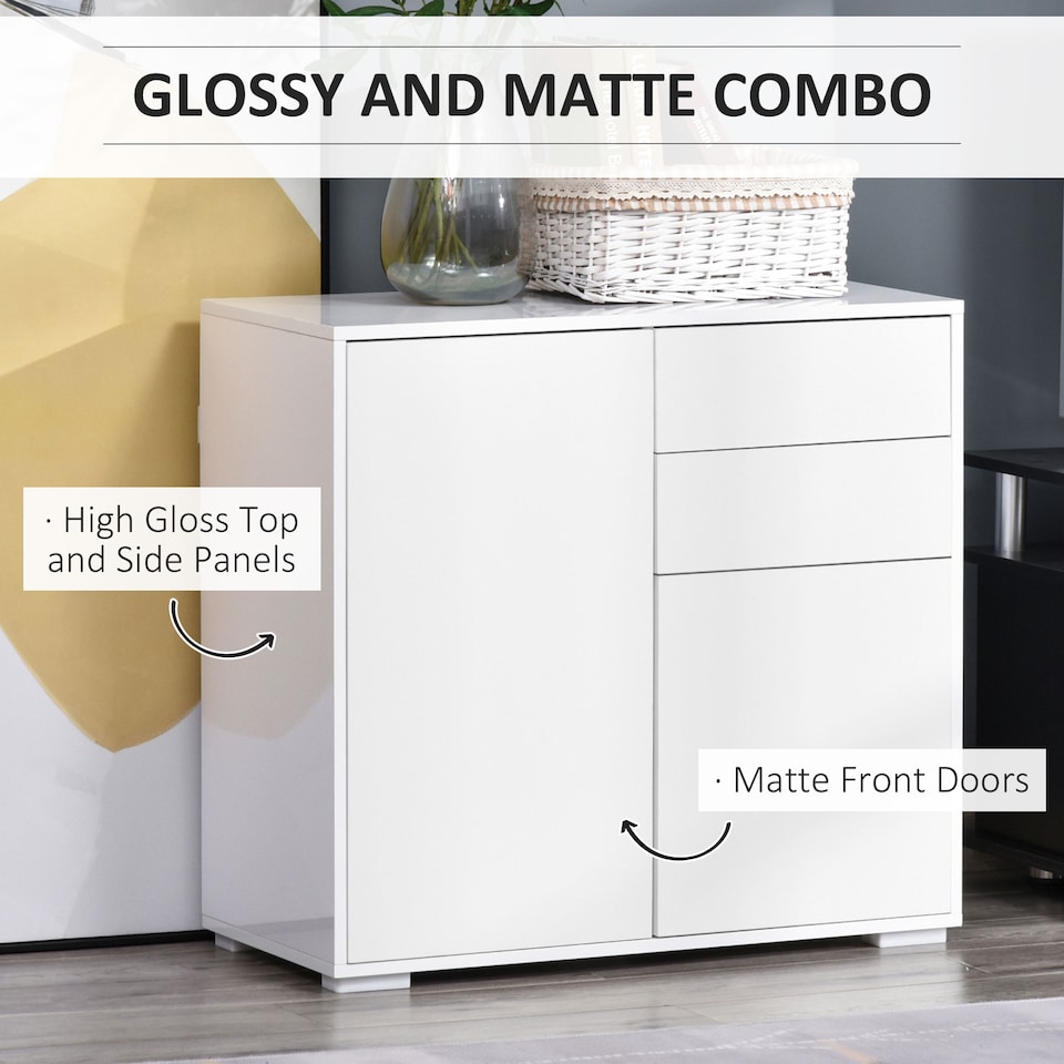 image 1 of HOMCOM High Gloss Frame Sideboard, Side Cabinet, Push-Open Design with 2 Drawer for Living Room, Bedroom, White