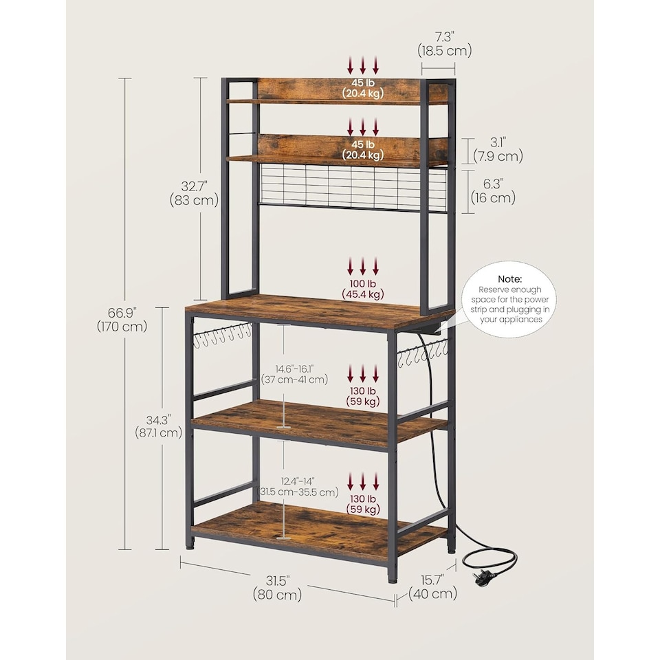 image 1 of Kitchen Storage Rack with Power Outlet, Coffee Station Style Baker’s Rack with Hooks and Panel, Rustic Brown and Ink Black