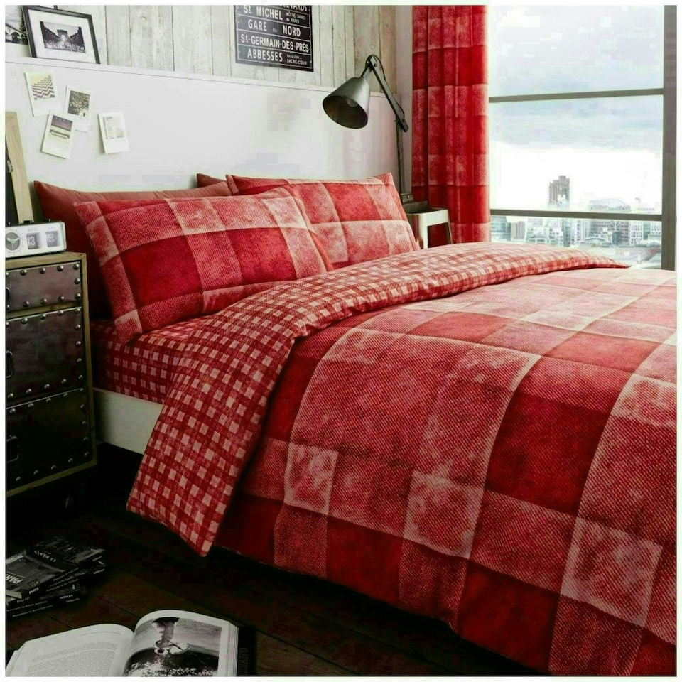 image 1 of VELVETIO Denim Check Printed Duvet Cover Set Reversible Polycotton Beddings Red | King