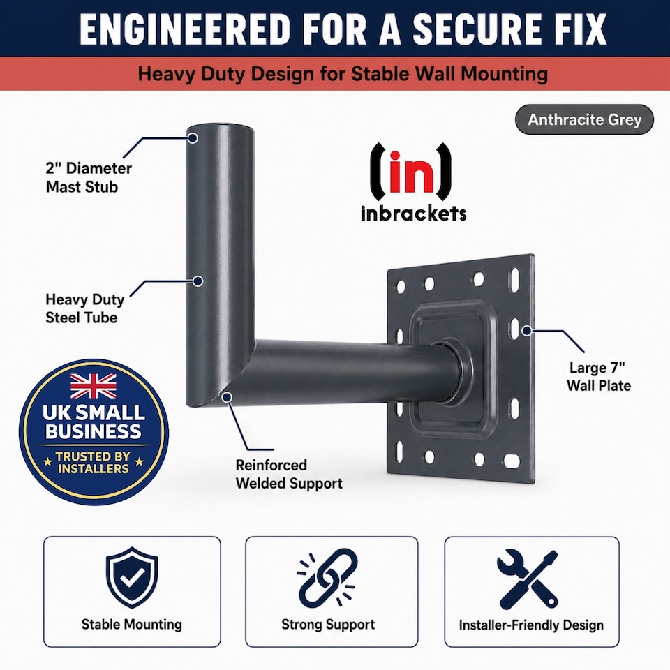 image 1 of Inbrackets Heavy Duty 2" Satellite L Shaped Wall Bracket Anthracite Grey for Starlink, Sky and TV Aerial