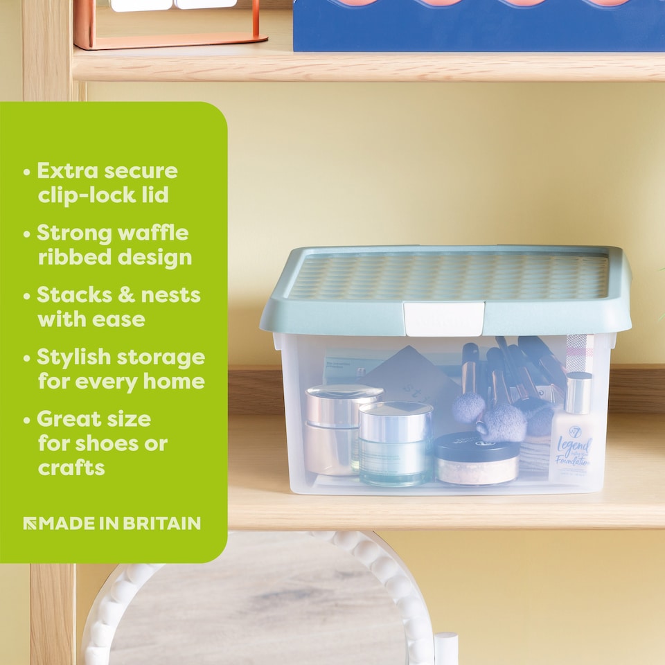 image 1 of Wham Clip 5x 9L Square Plastic Storage Boxes with Clip Lock Lids. Ideal for Home, Office, Toys & More - Clear/Green Milieu | Green | Green Milleu | 5