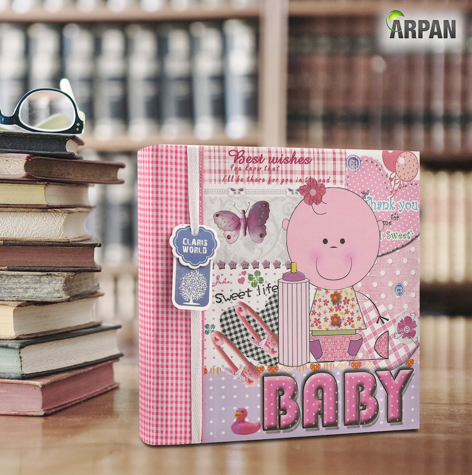 image 1 of ARPAN Baby Photo Album 6x4 for 200 Photos, Pink Baby Girl Memo Slip-In Album with Writing Space, Index Page & CD/DVD Pocket, First Year Memory Book & Milestone Keepsake