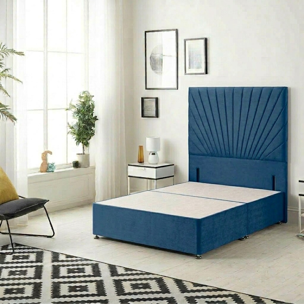 Sunburst Divan Bed with 54'' Floor Standing Headboard Plush Velvet Blue Navy