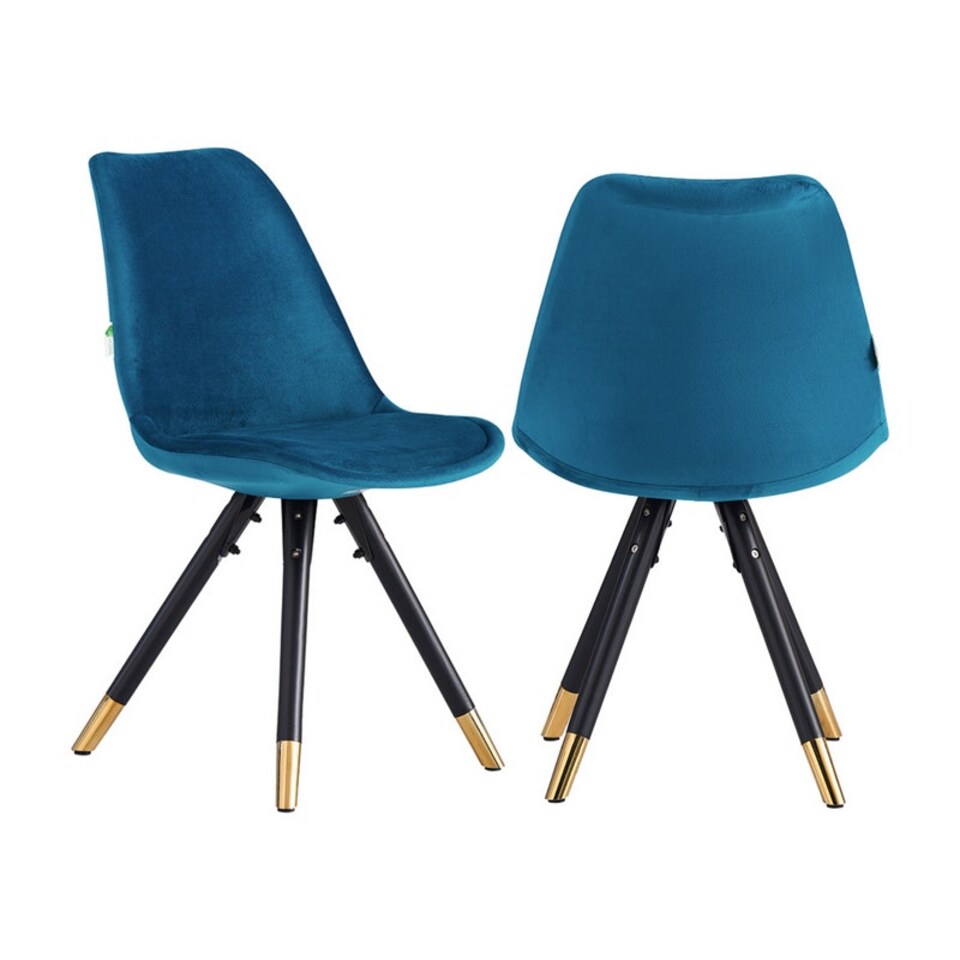 image 1 of Set of 2 Sofia Ergonomic Modern Dining Chairs Upholstered in Velvet, Metal Legs with Gold End Tips Blue