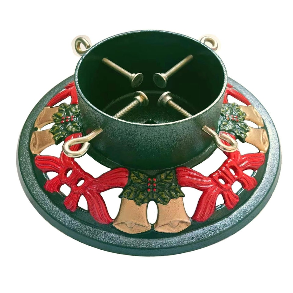 image 1 of Holly International Cast Iron Christmas Tree Stand for Real Trees up to 8ft - Round Bells & Bows