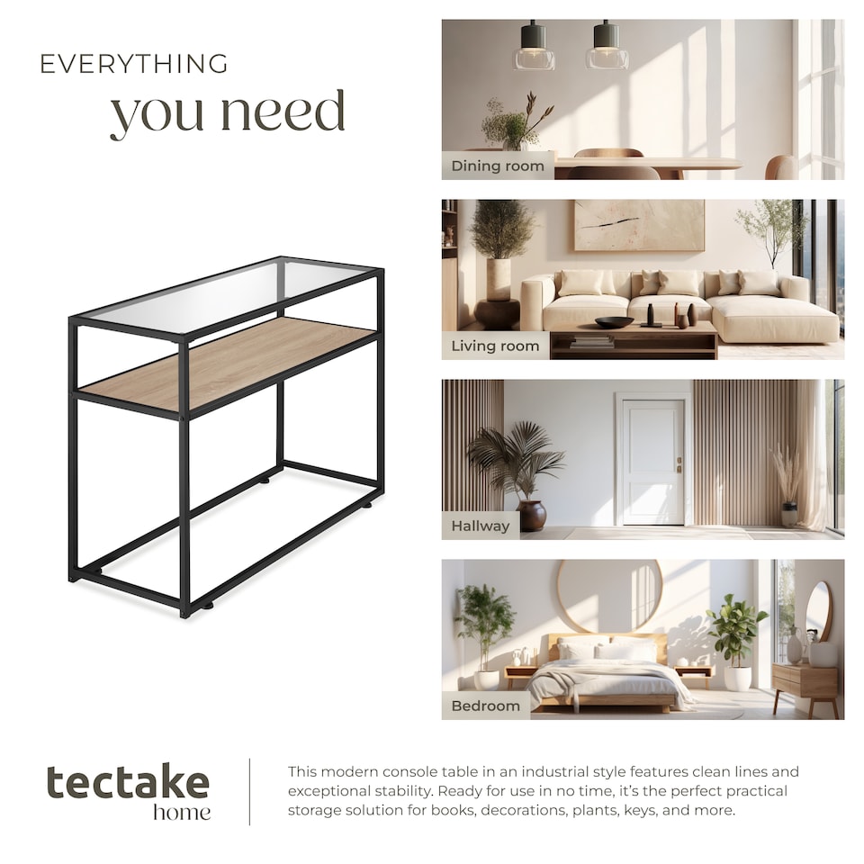 image 1 of Console Table Kilkenny - 2 shelves, with glass top surface | Brown | industrial wood light, oak Sonoma | 100 x 41 x 80,50 cm | 1