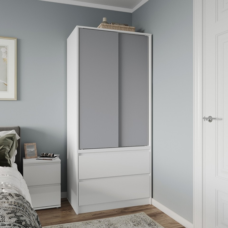 image 1 of URBNLIVING 2 Sliding Door Wardrobe With 2 Drawers And Hanging Rail | White | Grey Doors | 1
