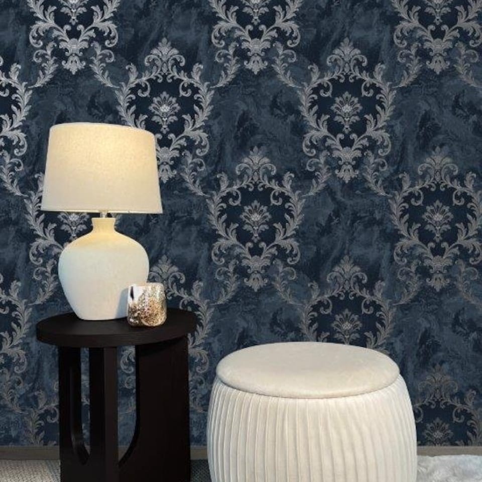 image 1 of Sienna Damask Navy Wallpaper Blue