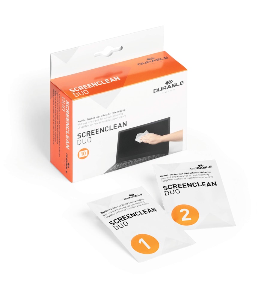 image 1 of Durable SCREENCLEAN DUO Biodegradable Wet & Dry Screen Cleaning Wipes | 10 Pairs